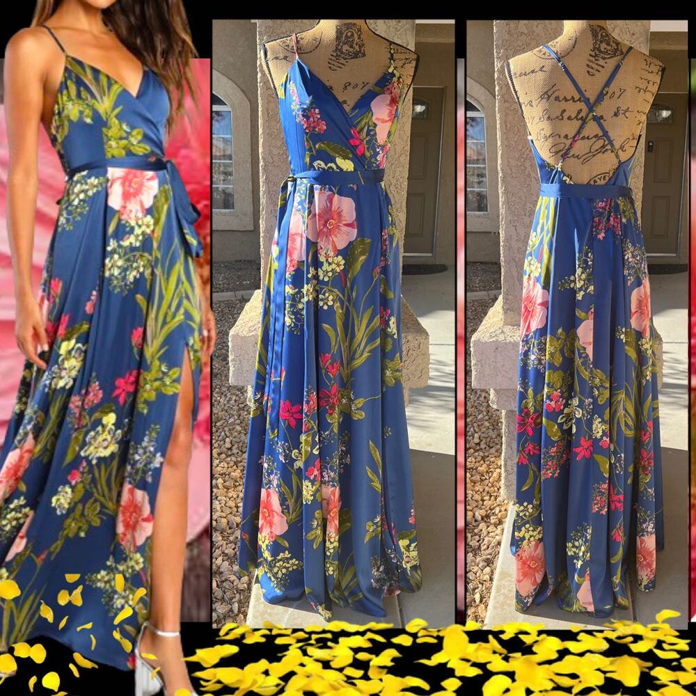 Lulus BEAUTIFUL Blue Floral Satin Still the One Wrap Maxi Dress Varies Sizes